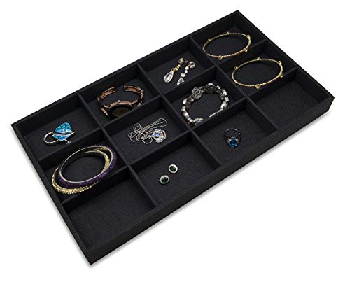 The Display Guys - Stackable Jewelry Tray and Organizer - for Drawers, Dressers, Store Display (12 Compartments, Black Burlap) - color: Burlap Black, size: 12 Compartments