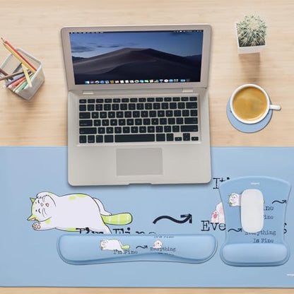 MEGREZ 4-in-1 Mouse Pad with Wrist Rest Ergonomic Memory Foam Desk Mat Set | ergonomic, anti-slip base, 4pcs set, desk pad, mouse wrist rest, keyboard rest, coaster, ideal for office & gaming - color: Haze Blue