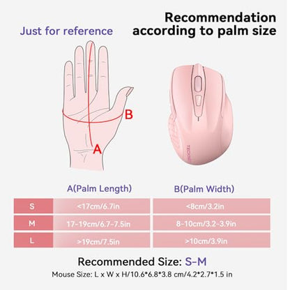 TECKNET Wireless Mouse, BT 5.0/2.4G, Silent 4800 DPI 6 Buttons, Pink | Bluetooth 5.0/3.0 & USB A, 2-Device Easy Switch, Wide OS Compatible, 6-DPI, Ergonomic for S/M Hands, Extended Battery - color: Pink