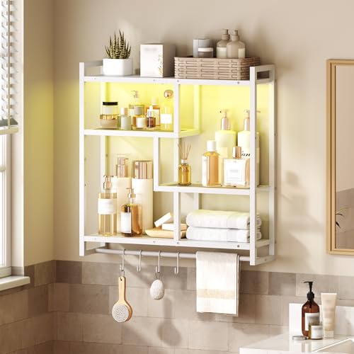 HOOBRO Gaming Floating Shelves with LED Lights, 28.7" LED Wall Mounted Shelf, 4-Tier Floating Wall Shelf for Storage, Display Rack with Hanging Bar and 4 S Hooks, for Gaming Room, White WT37DBJ01 - color: White