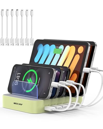 MSTJRY Charging Station for Multiple Devices : 5 Port Multi USB-A Charger Stations Multi-Device Organizer Charging Dock Designed for iPhone iPad Cell Phone Tablets (7 Short Cables Included), Cyan - color: cyan