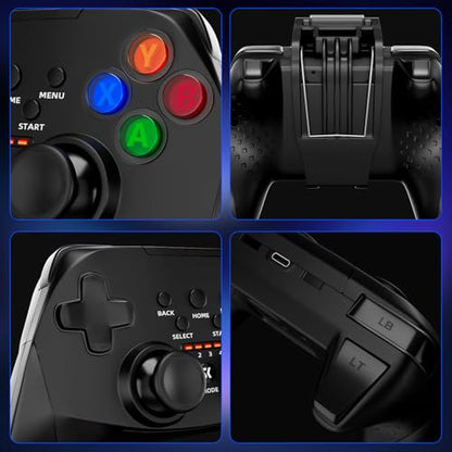 ISHAKO Mobile Game Controller with Stand for PC Windows/Android/iPhone, 360° joystick with 2.4G receiver, phone holder, USB-C charging prot, Mobile Game Controller - Black