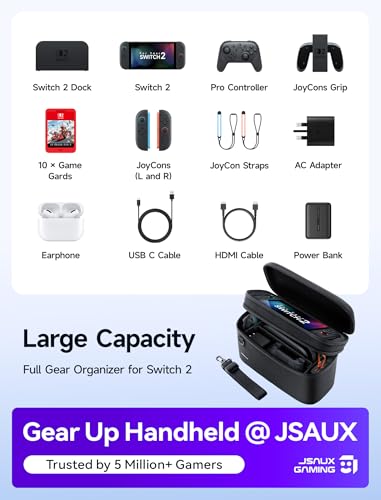 JSAUX All-in-One Carrying Case for Nintendo Switch 2 / ROG Xbox Ally / Ally X, Travel Storage Bag Fits Dock, Pro Controller and Accessories, Holds Switch 2 with Protective Case, Large Capacity–Black