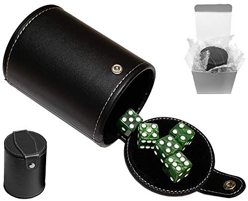 Cyber-Deals Set of 16mm Marbleized Dice and Black PU Leather, Velvet Lined Dice Cup with Storage Compartment (Gift Boxed) (Green Dice, Black Lining Cup) - color: Green Dice, Black Lining Cup