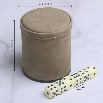 PU Leatherette Dice Cup with 6 Dot Dices for Yahtzee Farkle Bar Party Dice Games - color: Light Brown
