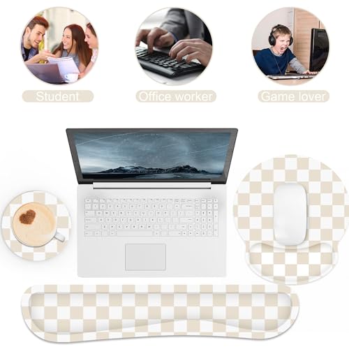 Ergonomic Mouse Pad with Wrist Rest and Keyboard Wrist Rest, Mousepad and Keyboard Pad, Non-Slip Rubber Base, Pain Relief, Mouse Pad with Wrist Support for Gaming, Computer, Office, Beige Checkered - color: Beige Checkered
