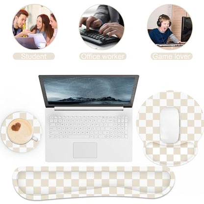 Ergonomic Mouse Pad with Wrist Rest and Keyboard Wrist Rest, Mousepad and Keyboard Pad, Non-Slip Rubber Base, Pain Relief, Mouse Pad with Wrist Support for Gaming, Computer, Office, Beige Checkered - color: Beige Checkered