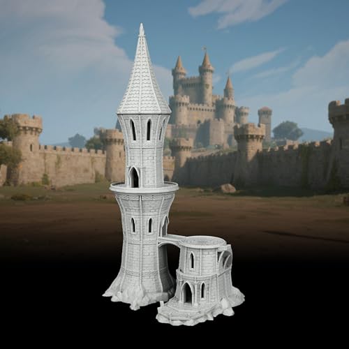 DND Terrain RPG TTRPG Buildings - 25mm Scale Unpainted Gothic Wizard Tower with Bridge & Lookout Scenery, Stone Map Props for Dungeons and Dragons & Wargame - City Building 5 (AF1104 K) - color: Af1104 K City Building 5