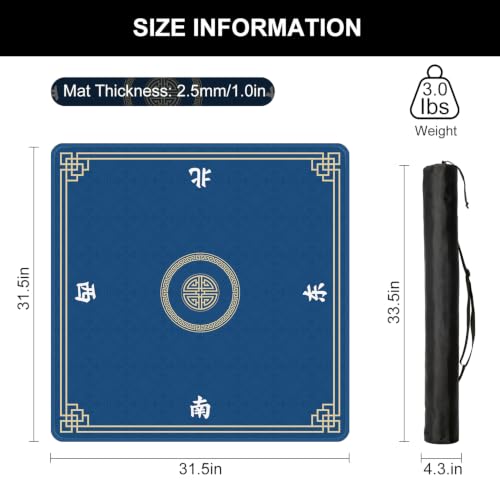 Mahjong Mat for Table, 31.5" x 31.5" Noise Reduction Non Slip Waterproof Mahjong Table Mat with Carrying Bag, Suitable for Mahjong, Poker, Board Games, Dominoes, and Card Games(Blue) - color: Blue