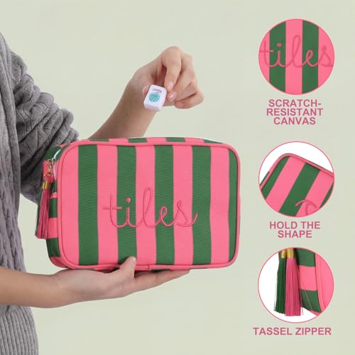 Sanwuta 1 Pcs Mahjong Tile Bag with Zipper,Rose, Green,Striped | Embroidered Mahjong Case for 166 American Mahjong Tiles (1.2") Portable Bags for Board Game Party Gathering Travel - color: Pink, Green, style: Classic