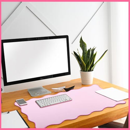 Hahafelt Scalloped Desk Mat Large Desk Pad Cute Coquette Table Mat Back to School Preppy Table Make up Pad Nonslip Graduation Gift with Stitching Waterproof Gaming(Pink,31.5 x 15.8 Inches) - color: Pink, size: 31.5 x 15.8 Inches