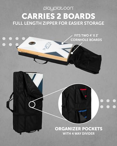 Play Platoon Cornhole Board Carrying Case with Wheels, Regulation Rolling | Bag for Two 4x2 Ft Boards, Set of 8 Bags & Accessories Storage Pocket