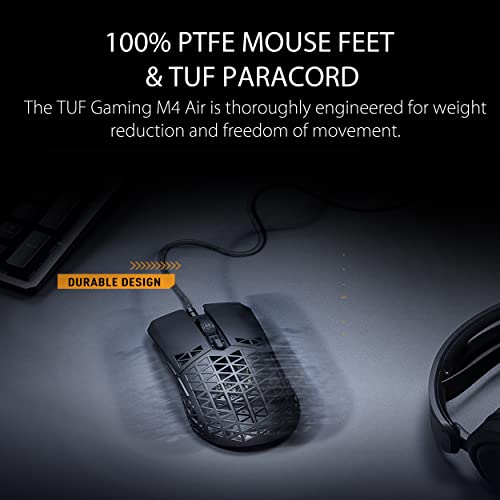 ASUS TUF Gaming M4 Air Lightweight Mouse | 16,000 dpi Sensor, Programmable Buttons, 47g Ultralight Shell, IPX6 Water Resistance, Gaming Paracord and Low Friction PTFE Feet, Black