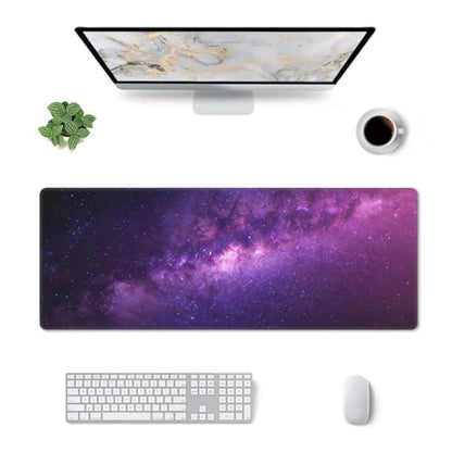 Large Gaming Mouse Pad Desk Mat, Purple Galaxy Nebula Extended Keyboard Mouse Pad Mousepad with Non-Slip Base and Stitched Edge Mouse Mat Desk Pad Mouse Pads for Desk Home Office, 31.5 x 11.8 - color: Purple Galaxy