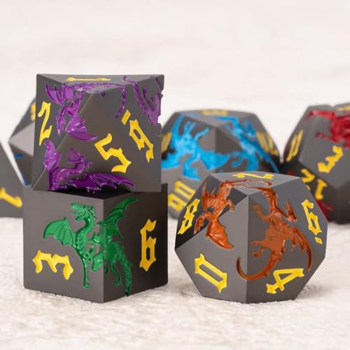 Metallic DND Dragon Dice Set,Metal Polyhedral Dice with Dragon for Dungeons and Dragons RPG TTRPG D&D 7-Die Set with Gift Case - color: Pearl Gun 7 Colors