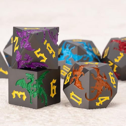Metallic DND Dragon Dice Set,Metal Polyhedral Dice with Dragon for Dungeons and Dragons RPG TTRPG D&D 7-Die Set with Gift Case - color: Pearl Gun 7 Colors
