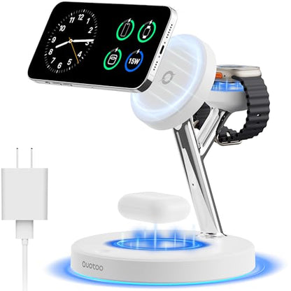 【Adjustable Blue Ambient Light】 Wireless Charger 3 in 1 for iPhone, Magnetic Charging Station for Apple Family,15W Fast MagSafe Charger Stand,for iPhone17-12-iWatch AirPods Series - color: White