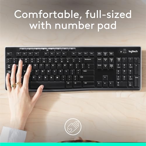 Logitech K270 Full Size Wireless Keyboard for Windows - Black | Full-size keyboard with number pad, 8 multimedia keys, includes USB-A receiver, 2-year battery, compatible with PC, laptop - color: Black, size: 1 Pack, style: Keyboard