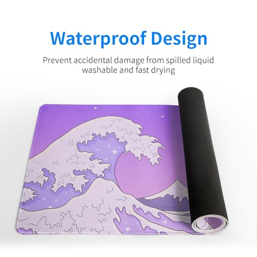 Purple Japanese Sea Wave Gaming Mouse Pad - Large Desk Mat with Non-Slip Base and Stitched Edge for Gaming and Office - 31.5x11.8 Inch - color: Purple Japanese Sea Wave