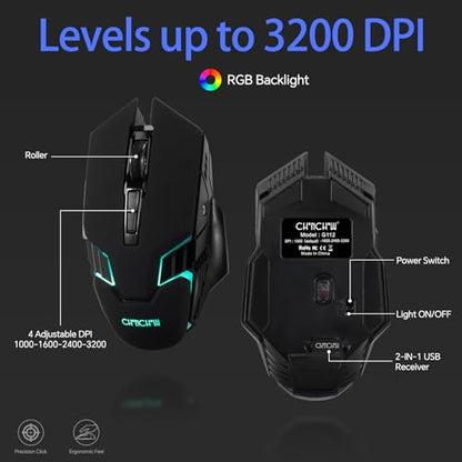 CHONCHOW Wireless Keyboard and Mouse Combo - 2.4G Rechargeable USB Rainbow LED Backlit Wireless Gaming Keyboard,Anti-ghosting Multimedia Keys Mechanical Feel for PC Laptops PS Xbox