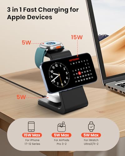 Magsafe Wireless Charging Station for iPhone: 3 in 1 15W Magnetic Portable Desktop Charging Station for iPhone17/16/15/14/13/12 Series, Apple Watch, AirPods 4/3/2/Pro - color: Matte Black