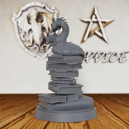 AUSPDICE Reading Dragon Miniature for Tabletop RPGs, 32mm DND Minis AS20 | Unpainted Resin Book Dragon on Stacked Tomes for DND, Dungeon Masters, Fantasy Collectors, Tabletop Gamers and RPG Gifts