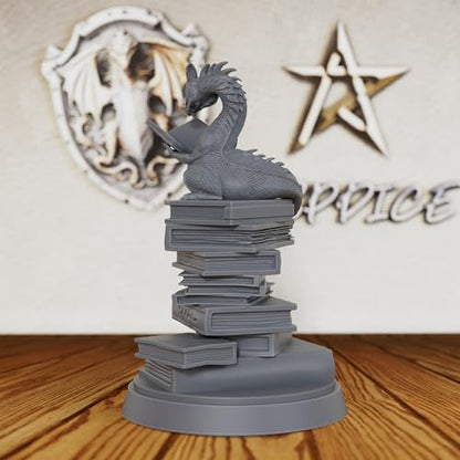 AUSPDICE Reading Dragon Miniature for Tabletop RPGs, 32mm DND Minis AS20 | Unpainted Resin Book Dragon on Stacked Tomes for DND, Dungeon Masters, Fantasy Collectors, Tabletop Gamers and RPG Gifts