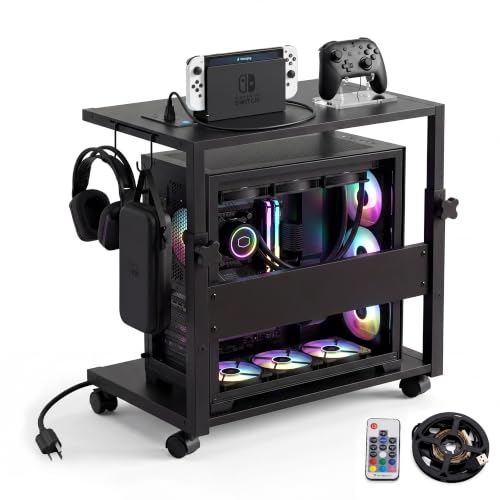 Computer Tower Stand with LED Light Strip, Height Adjustable | 23.6" × 15.7" Mobile Rolling CPU Holder, Height Adjustable PC Tower Stand with Charging Station for Office Home, Black, Large - color: Black, size: 23.6'' × 15.7''