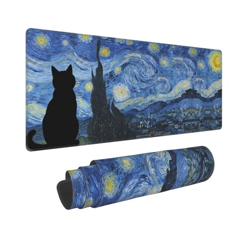 Large Gaming Mouse Pad Desk Mat, Starry Night Cat Extended Keyboard Mouse Pad Mousepad with Non-Slip Base and Stitched Edge Mouse Mat Desk Pad Mouse Pads for Desk Home Office, 31.5 x 11.8 - color: Starry Night Cat
