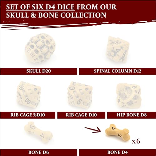 D4 Dice Set - Set of Six 4 Sided Dice - Skull & Bone Themed RPG Dice. Cool & Unique Gift and Compatible with Dungeons & Dragons (DND), D&D, Pathfinder, D and D. (Ancient Bone Yellow) - color: Ancient Bone Yellow, style: Six D4