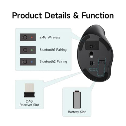 SANWA Multi Device Ergonomic Vertical Mouse, Silent Click, 5 Programmable Buttons, 2 Bluetooth 5.0 + 2.4G Wireless Ergo Mice for Medium Large Hands, Compatible with Windows, Mac OS, Laptop, PC, Black