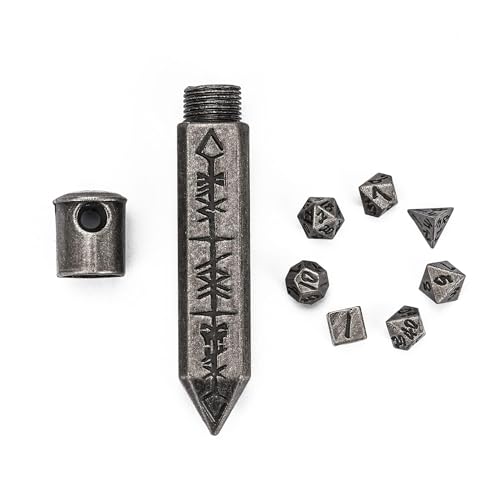 Mini Dice Set with Rune Keychain Case,7PCS Polyhedral Metal Dice Set for DND Role Playing Games(Silver) - color: Silver