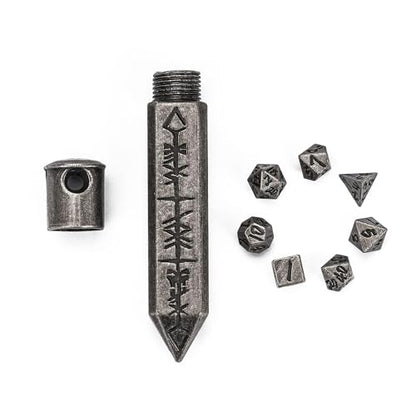 Mini Dice Set with Rune Keychain Case,7PCS Polyhedral Metal Dice Set for DND Role Playing Games(Silver) - color: Silver