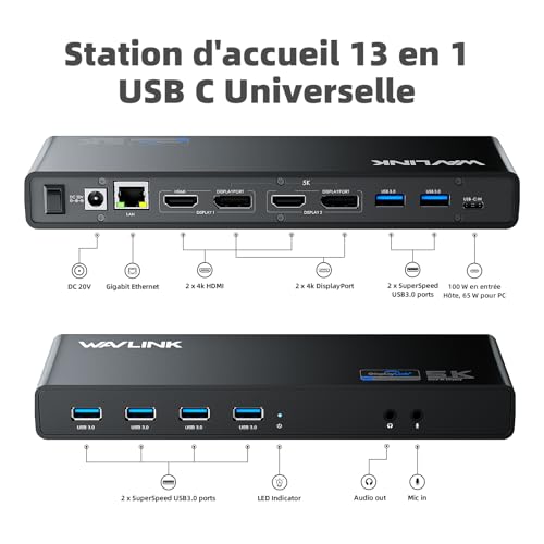 WAVLINK Pro Dual 4K@60Hz Universal Docking Station | USB 3.0/USB-C Laptop Dock for Mac & Windows | 2 HDMI/DP Monitors, Gigabit Ethernet, 6 USB 3.0 | Home Office & Multi-Screen Productivity. - color: 69DK2