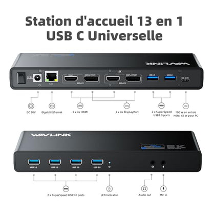 WAVLINK Pro Dual 4K@60Hz Universal Docking Station | USB 3.0/USB-C Laptop Dock for Mac & Windows | 2 HDMI/DP Monitors, Gigabit Ethernet, 6 USB 3.0 | Home Office & Multi-Screen Productivity. - color: 69DK2