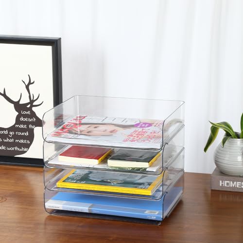 4 Tier Stackable A4 Paper Trays, Office Desk File Holder, Tidy File Document Letter Book Paper Organizer (4 Tiers,Clear) - size: 4 tiers