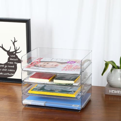 4 Tier Stackable A4 Paper Trays, Office Desk File Holder, Tidy File Document Letter Book Paper Organizer (4 Tiers,Clear) - size: 4 tiers