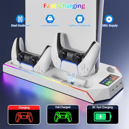PS5 Cooling Station Stand RGB with Dual Controller Charging Station for PlayStation 5 Console, PS5 Accessories Incl. Controller Charger, Cooling Fan, Headset Holder, 3 USB Hub - color: color-white