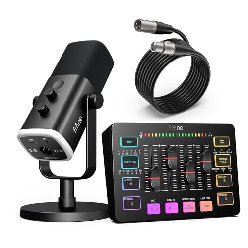 FIFINE Gaming Equipment Bundle, Dynamic XLR/USB Gaming Microphone Set with Streaming Audio Mixer for Podcast Recording Video Vocal, RGB Gamer Set with Volume Fader/XLR Interface for PC-AmpliGame KS5 - color: Black
