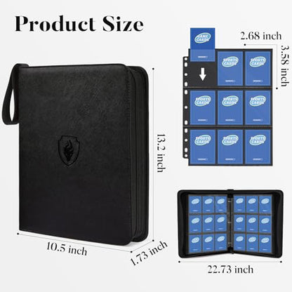 Fabmaker 9 Pocket Card Binder, PU Cover Trading Card Binder Holds 756 Cards | Premium 3 Ring Zipper Card Binder, Portable Baseball Card Binder, Collection Album for Game & Sport Cards, Black - color: Black