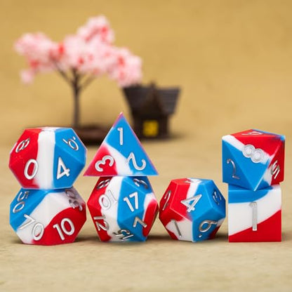 D&D Silicone Rubber Polyhedral DND Dice Set,Sharp Edges Soft Perfect Bouncer for Dungeons and Dragons, RPG, MTG (D4, D6, D8, D10, D12, D20, D%) for Ages 15 and Up - color: Blue White Red