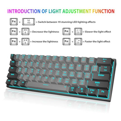 Snpurdiri 60% Wired Mechanical Gaming Keyboard (Black-Grey, Red Switches) | Ice Blue LED Backlit 61 Keys Mini Wired Office Keyboard for Windows Laptop PC Mac - color: Black Grey(Ice Blue Light)/Red Switch