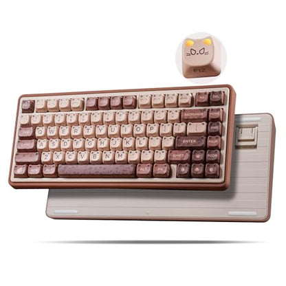 ZORNHER UR82 Mechanical Keyboard,75% Wireless Creamy Gaming Keyboard with Cute Leopard Cat Kawaii Glowing Kitty Ear Mao Keycaps, Aesthetics Compact Brown Keyboard for Home Office,Coffee Brown - color: Leopard Cat