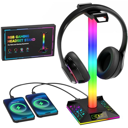Hcman Headphone Stand Gaming Headset Holder RGB PC Gaming Accessories for Desk, Cool LED Headset Stand with 2 USB Charger for Gamer, Black | PC Accessories for Desk, Cool LED Headset Stand with 2 USB Charger for Gamer, Black