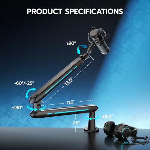 ARES WING Aluminum Low Profile Mic Arm with 4.4 lbs Load Capacity, Adjustable Microphone Boom Arm with 3/8” to 5/8” Screw Adapter, Desk Mount Mic Stand for Gaming Streaming Podcasting, Black - color: Black