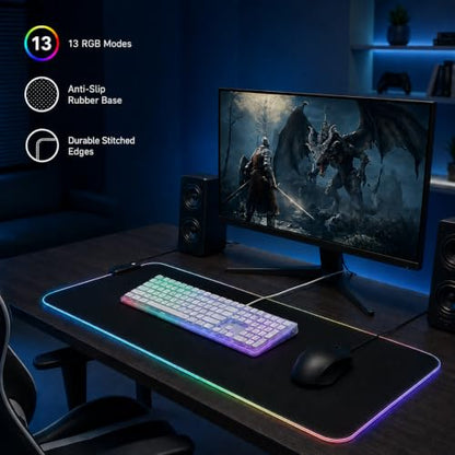 RGB Gaming Mouse Pad, 0.16 Inch Thickness, 31.5" x 11.8" Large Mouse Pad for Desk, 13 Light Modes Desk Mat, Waterproof, for PC Laptop Office Gaming Use - color: Black 31.5 ×11.8''
