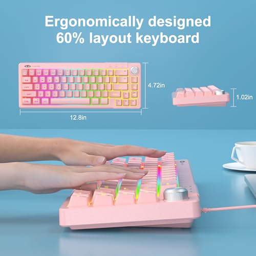 MageGee Mini 60% Gaming Keyboard, RGB Backlit Ultra-Compact Keyboard, TS68 Ergonomic Waterproof Mechanical Feeling Office Computer Keyboards for PC, MAC, PS4, Xbox ONE Gamer - color: Light pink
