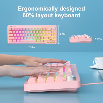 MageGee Mini 60% Gaming Keyboard, RGB Backlit Ultra-Compact Keyboard, TS68 Ergonomic Waterproof Mechanical Feeling Office Computer Keyboards for PC, MAC, PS4, Xbox ONE Gamer - color: Light pink