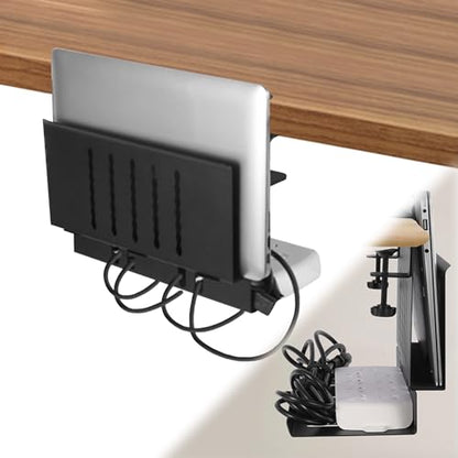 LUKETURE Desk Side Storage, Under Desk Laptop Mount with Cable Tray | 2-in-1 Steel laptop mount clamps to desk side, no drilling. Built-in cable tray hides cords. Holds 30 lbs, Office and Home