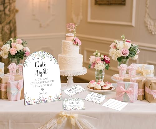 51 Pc Wildflower Date Night Ideas Game, Boho Flowers Bridal Shower Game, 6x8 Inch Arch Wooden Sign with Stand and 50 Date Night Cards, Wedding Shower Decor - YHZ06 - color: Wildflower06